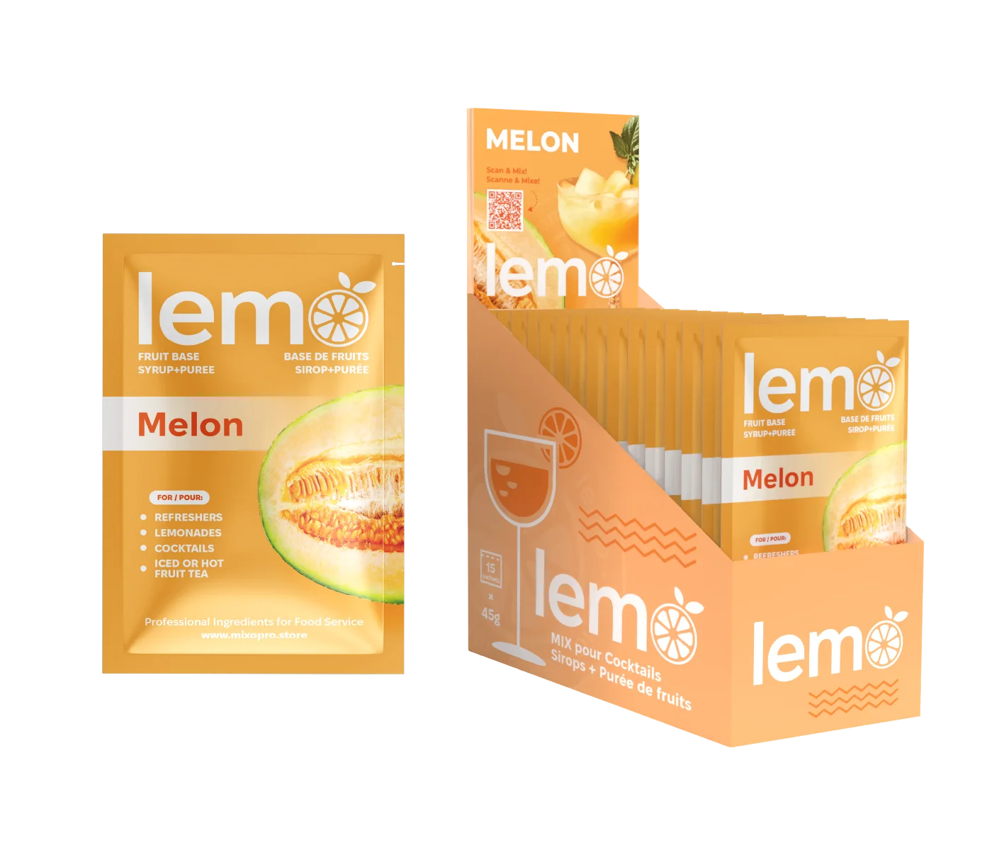 LEMO Melon Syrup – Box of 15 Single-Serve 45ml Pouches. Natural melon syrup for cocktails, mocktails, iced teas and lemonades. MIXOpro.Store, Montreal, Canada | Sirop LEMO Melon – Boîte de 15 sachets individuels de 45ml. Sirop naturel au melon pour cocktails, mocktails et boissons rafraîchissantes. MIXOpro.Store, Montréal, Canada
