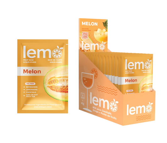 LEMO Melon Syrup – Box of 15 Single-Serve 45ml Pouches. Natural melon syrup for cocktails, mocktails, iced teas and lemonades. MIXOpro.Store, Montreal, Canada | Sirop LEMO Melon – Boîte de 15 sachets individuels de 45ml. Sirop naturel au melon pour cocktails, mocktails et boissons rafraîchissantes. MIXOpro.Store, Montréal, Canada
