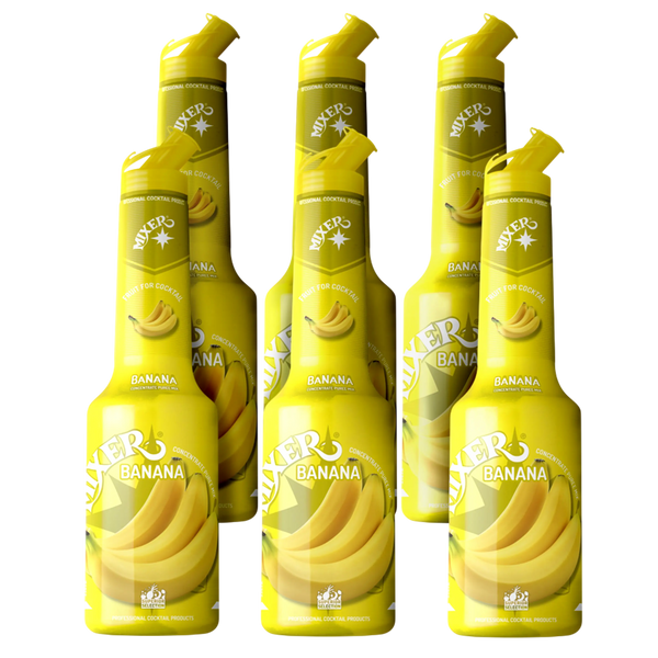Banana fruit syrup puree by MIXER – 6x1L wholesale pack ideal for cocktails and smoothies in Canada. | Purée Banana MIXER – lot professionnel 6x1L pour la préparation de cocktails au Canada.