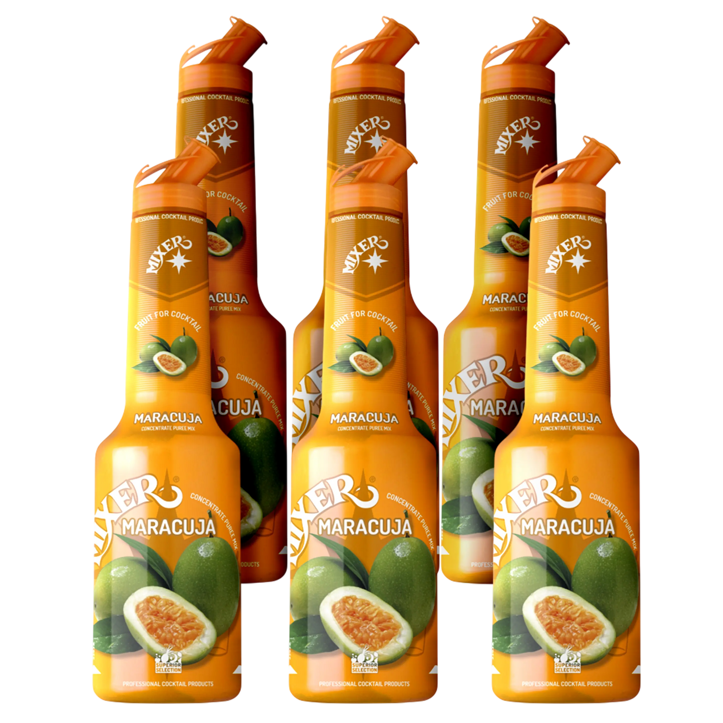 6x1L bottles of MIXER Maracuja fruit syrup puree – perfect for bulk use in bars and events. | Purée de sirop Maracuja MIXER – pack en gros 6x1L destiné aux bars et événements.