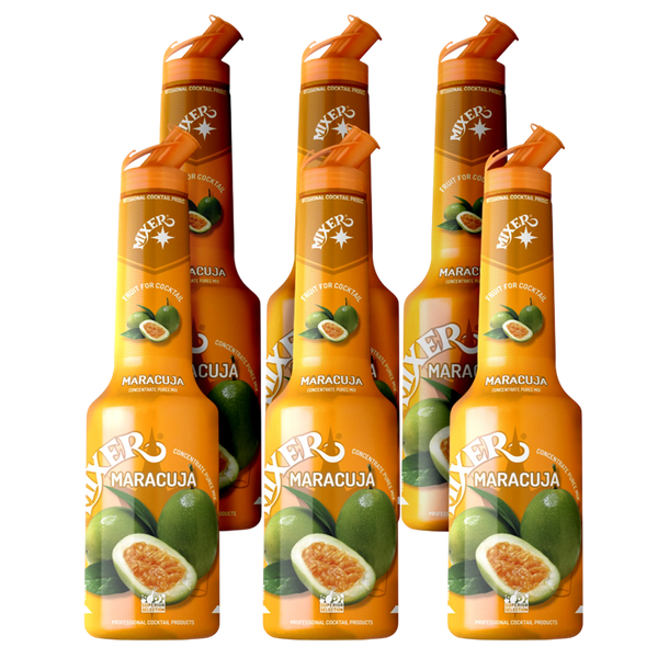 6x1L bottles of MIXER Maracuja fruit syrup puree – perfect for bulk use in bars and events. | Purée de sirop Maracuja MIXER – pack en gros 6x1L destiné aux bars et événements.