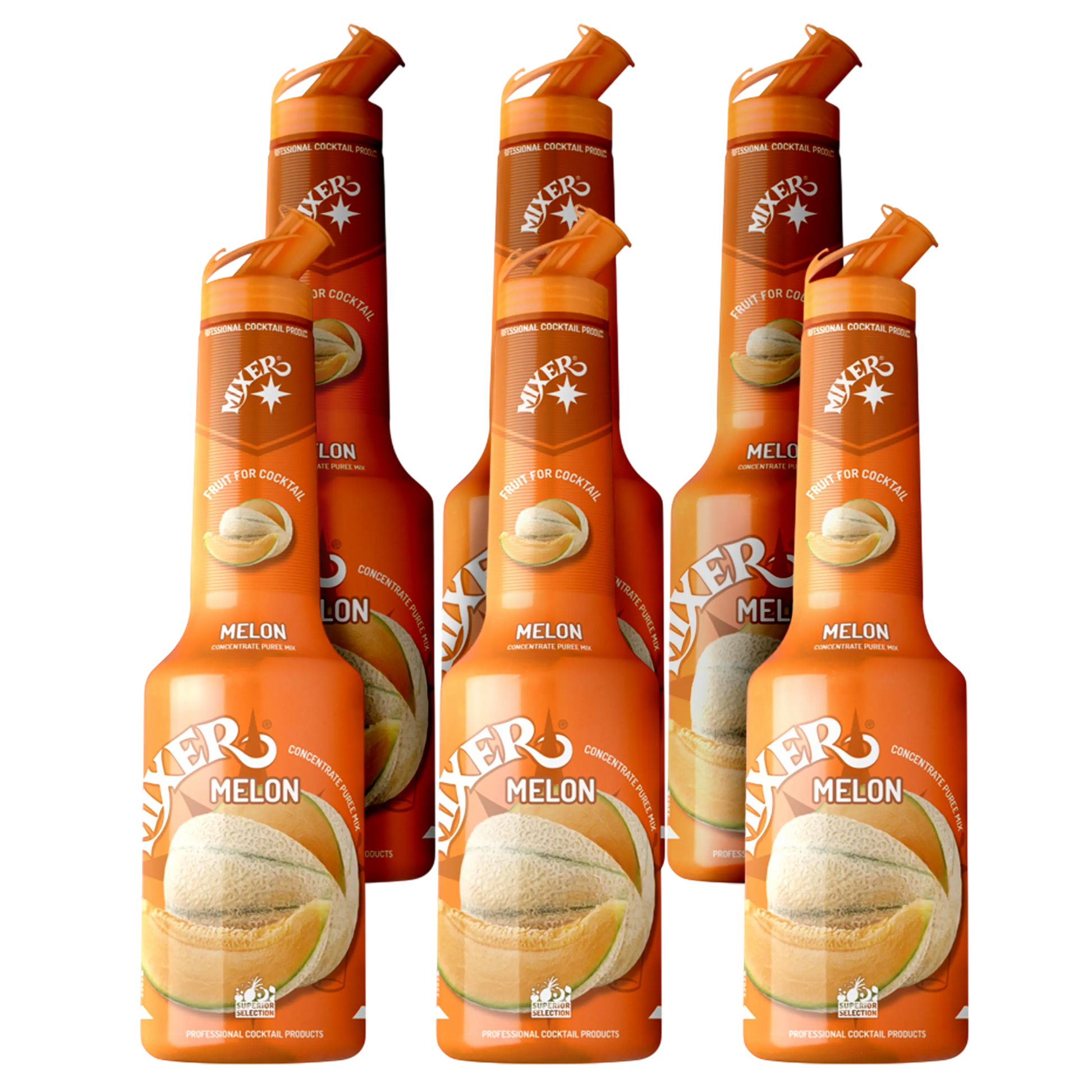 6x1L bottles of MIXER Melon fruit syrup puree – perfect for bulk use in bars and events. | Purée de sirop de fruit Melon de MIXER – lot de 6x1L pour bars, cafés et cocktails.