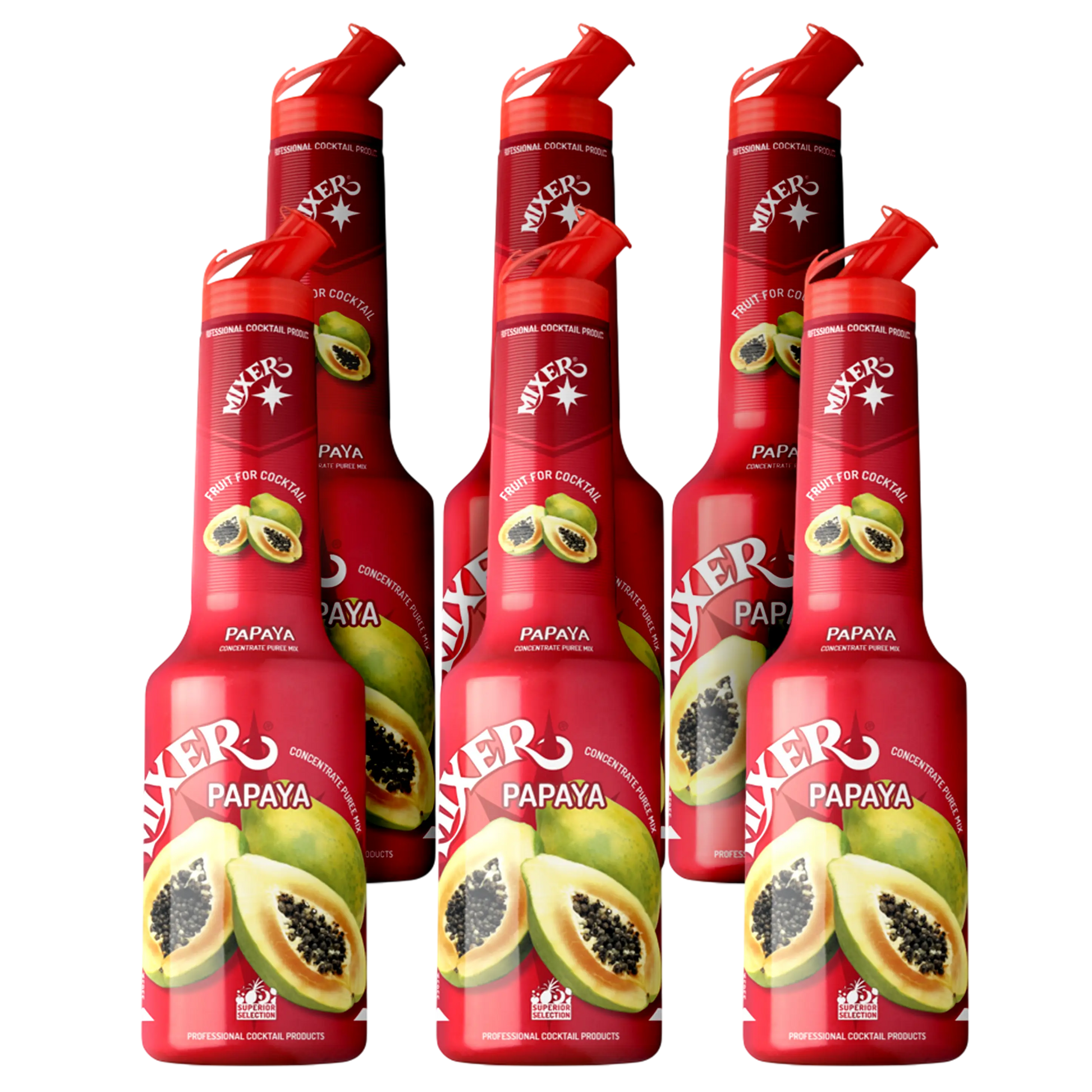 Papaya fruit syrup puree by MIXER – 6x1L wholesale pack ideal for cocktails and smoothies in Canada. | Pack de 6x1L – Purée de fruit Papaya par MIXER, parfaite pour les smoothies et la mixologie.