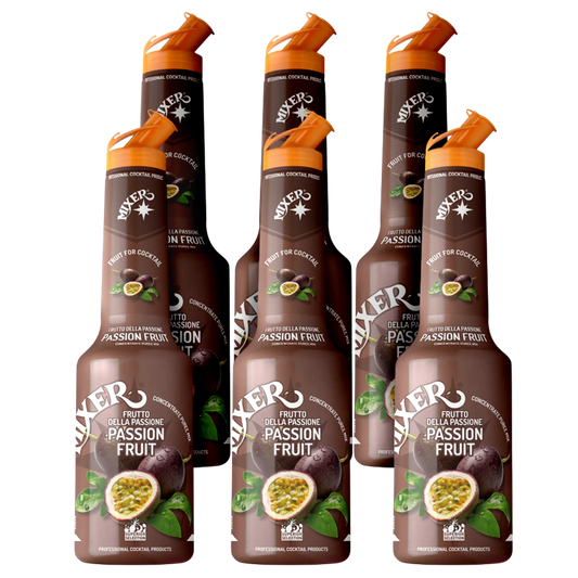 6x1L bottles of MIXER Passion fruit syrup puree – perfect for bulk use in bars and events. | Purée de sirop de fruit Passion de MIXER – lot de 6x1L pour bars, cafés et cocktails.