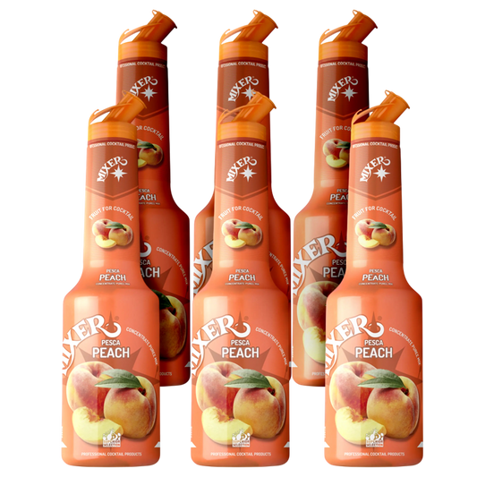 6x1L bottles of MIXER Peach fruit syrup puree – perfect for bulk use in bars and events. | Pack de 6x1L – Purée de fruit Peach par MIXER, parfaite pour les smoothies et la mixologie.