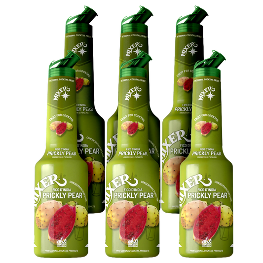 6x1L bottles of MIXER Prickly Pear fruit syrup puree – perfect for bulk use in bars and events. | Pack de 6x1L – Purée de fruit Prickly Pear par MIXER, parfaite pour les smoothies et la mixologie.