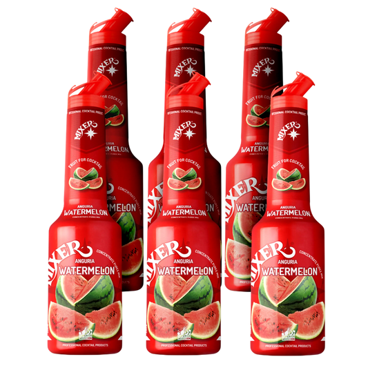6x1L bottles of MIXER Watermelon fruit syrup puree – perfect for bulk use in bars and events. | Pack de 6x1L – Purée de fruit Watermelon par MIXER, parfaite pour les smoothies et la mixologie.