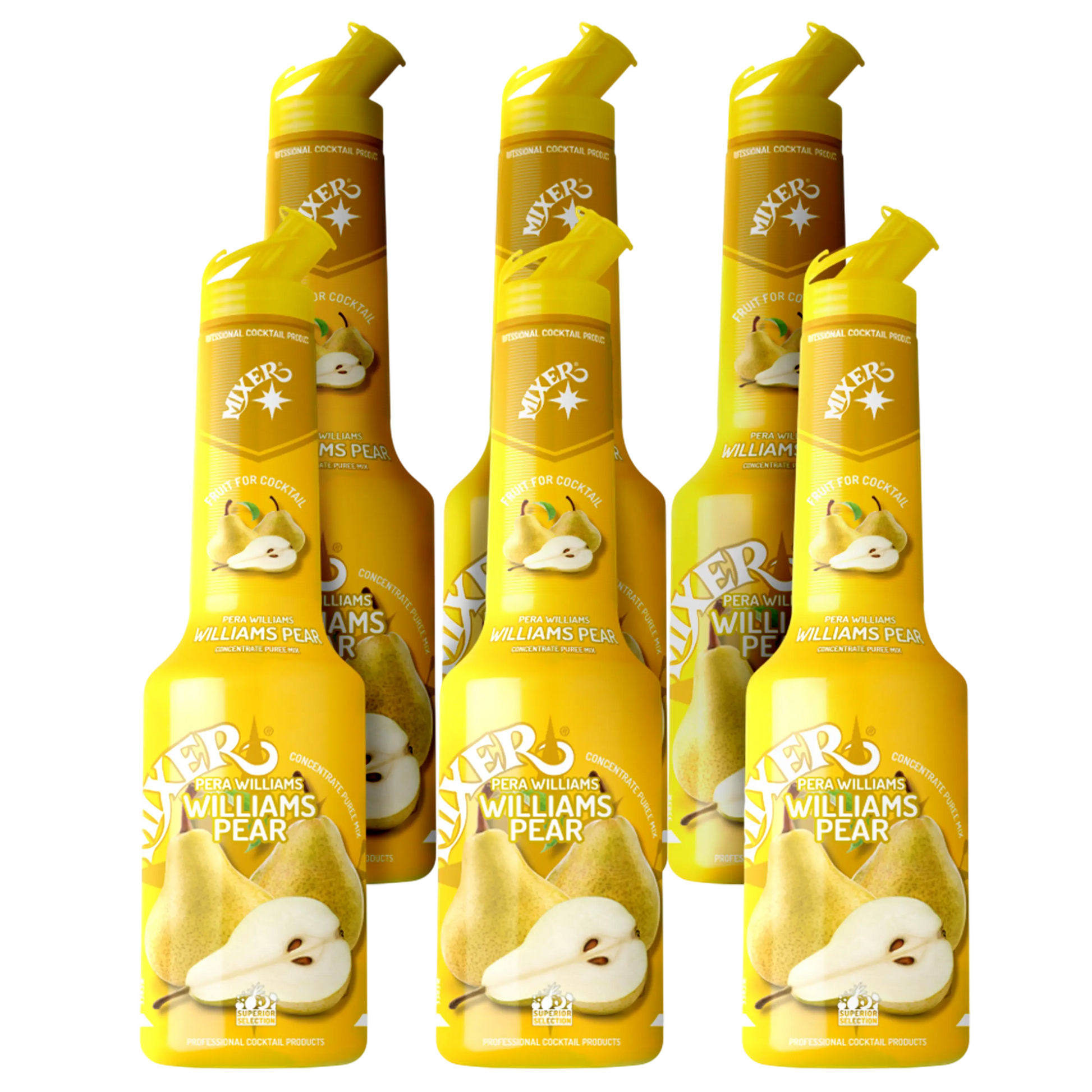 MIXER Williams Pear fruit puree syrup – bulk pack of 6x1L bottles for bars, cafés, and mixology use. | Purée Williams Pear MIXER – lot professionnel 6x1L pour la préparation de cocktails au Canada.