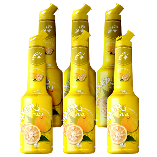 MIXER Yuzu fruit puree syrup – bulk pack of 6x1L bottles for bars, cafés, and mixology use. | Purée Yuzu MIXER – lot professionnel 6x1L pour la préparation de cocktails au Canada.