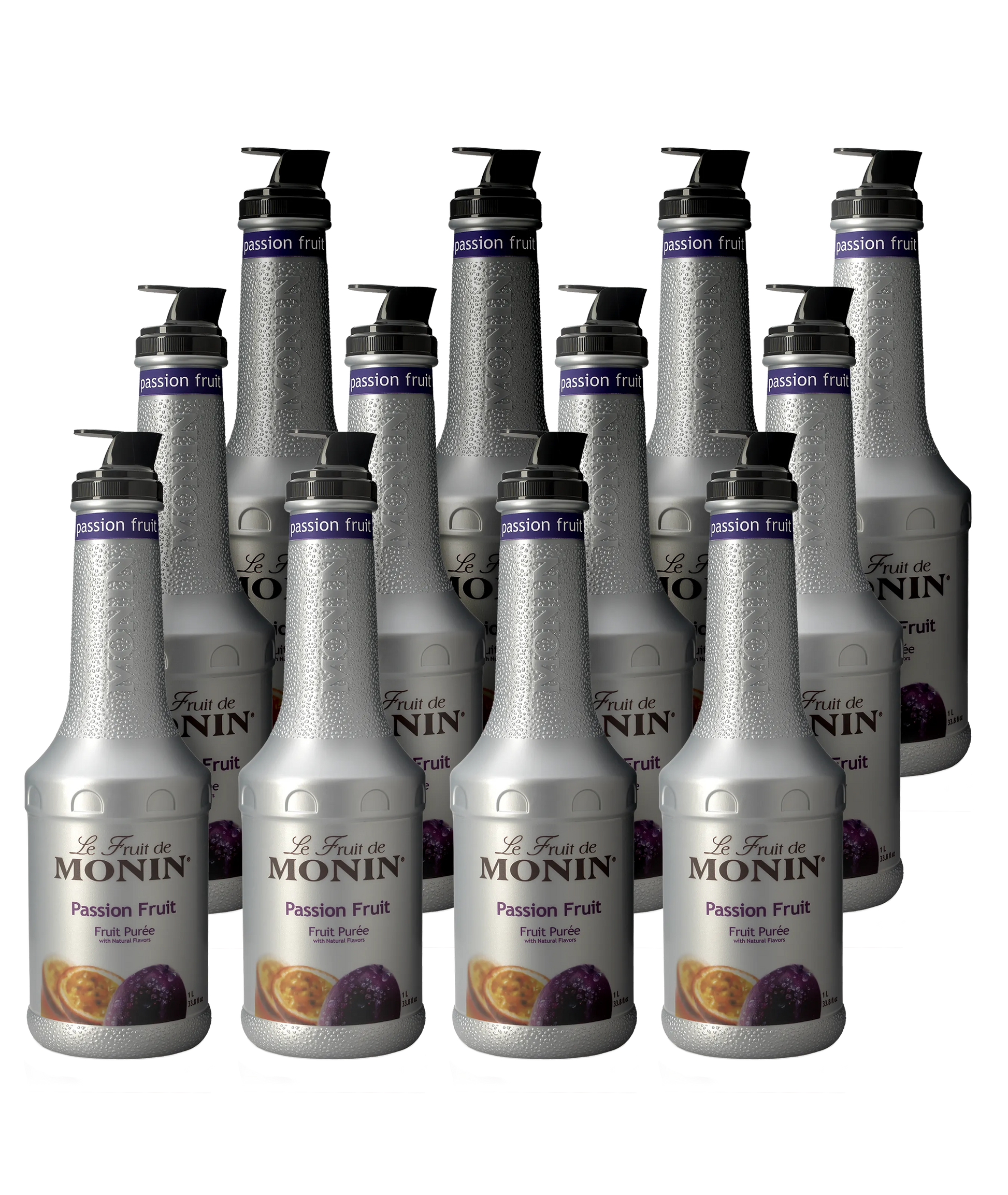Wholesale pack of 12 x 1L Monin passion fruit puree bottles – B2B discounted pricing at Mixopro | Purée de fruit de la passion Monin – 12 x 1L en gros pour professionnels, tarif réduit Mixopro