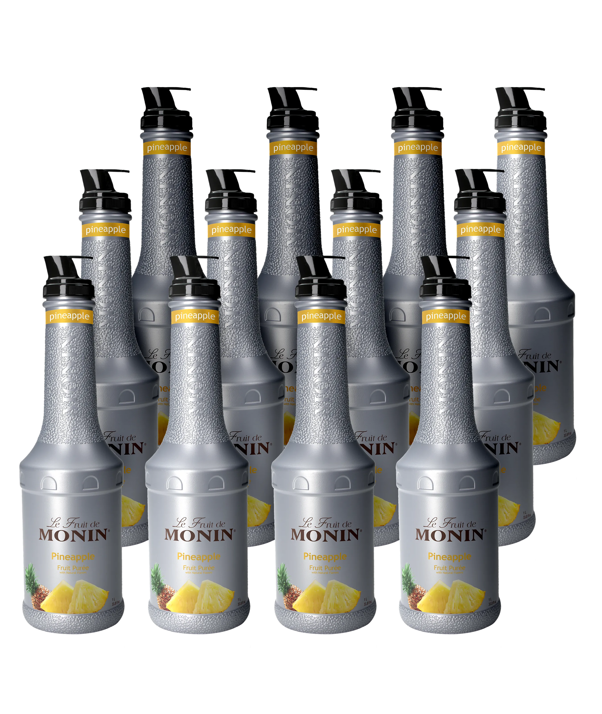 Wholesale pack of 12 x 1L Monin pineapple fruit puree bottles – B2B discounted pricing at Mixopro | Purée d’ananas Monin – pack de 12 x 1L en gros, tarif B2B réduit chez Mixopro
