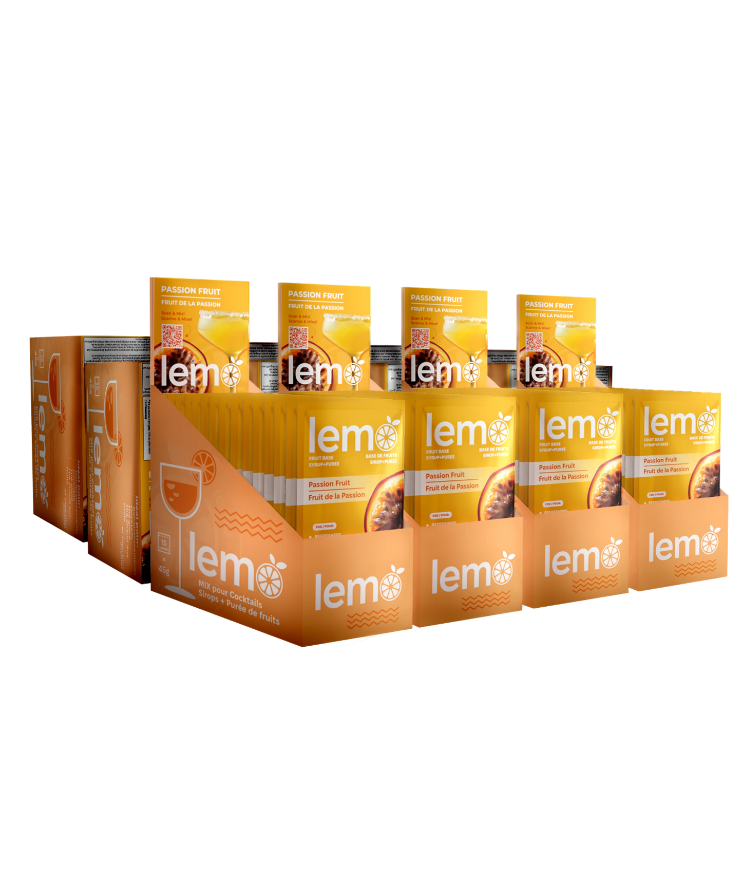 LEMO Passionfruit Syrup – Bulk carton of 12 boxes, each with 15x45ml pouches. Ideal for wholesale, cafés and cocktail catering. MIXOpro.Store, Canada | Sirop LEMO Fruit de la passion – Carton de 12 boîtes de 15 sachets (45ml). Format idéal pour cafés, événements et vente en gros. MIXOpro.Store, Canada