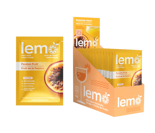 LEMO Passionfruit Syrup – Box of 15 Single-Serve 45ml Pouches. Natural cocktail syrup for mocktails, lemonades and fruit drinks. MIXOpro.Store, Montreal, Canada | Sirop LEMO Fruit de la passion – Boîte de 15 sachets individuels de 45ml. Sirop naturel pour cocktails, mocktails et boissons aux fruits. MIXOpro.Store, Montréal, Canada