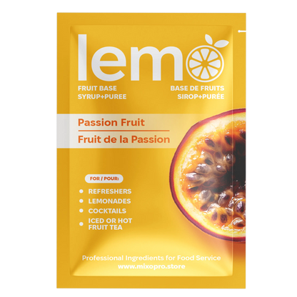 LEMO Passionfruit Syrup – 45ml Single-Serve Sachet. Exotic fruit syrup for cocktails, mocktails and lemonades. MIXOpro.Store, Canada | Sirop LEMO Fruit de la passion – Sachet individuel de 45ml. Sirop exotique pour cocktails, mocktails et citronnades. MIXOpro.Store, Canada
