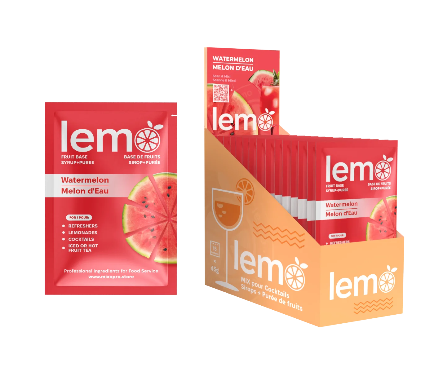 LEMO Watermelon Syrup – Box of 15 Single-Serve 45ml Pouches. Natural cocktail syrup for mocktails, lemonades and summer drinks. MIXOpro.Store, Montreal, Canada | Sirop LEMO Pastèque – Boîte de 15 sachets individuels de 45ml. Sirop naturel pour cocktails, mocktails et boissons estivales. MIXOpro.Store, Montréal, Canada
