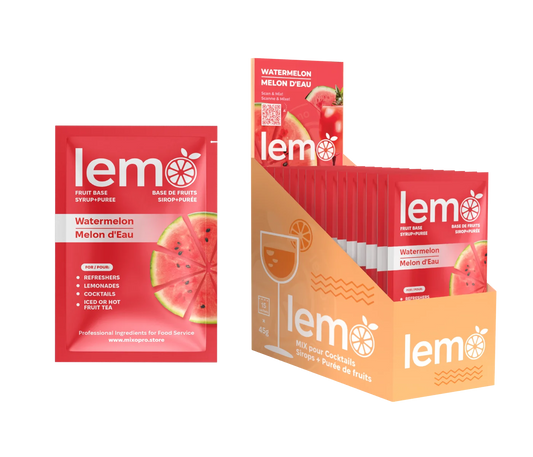 LEMO Watermelon Syrup – Box of 15 Single-Serve 45ml Pouches. Natural cocktail syrup for mocktails, lemonades and summer drinks. MIXOpro.Store, Montreal, Canada | Sirop LEMO Pastèque – Boîte de 15 sachets individuels de 45ml. Sirop naturel pour cocktails, mocktails et boissons estivales. MIXOpro.Store, Montréal, Canada
