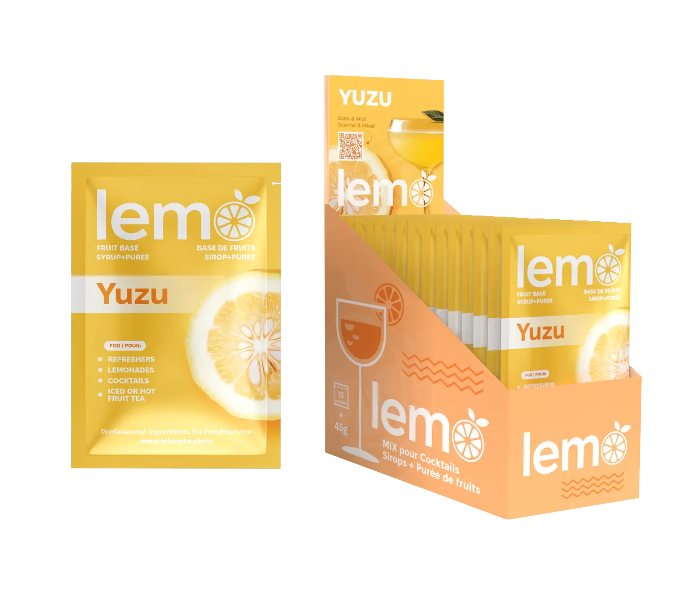 LEMO Yuzu Syrup – Box of 15 Single Serve 45ml Pouches. Natural syrup for cocktails, mocktails and lemonades. MIXOpro.Store, Montreal, Canada | Sirop LEMO Yuzu – Boîte de 15 sachets individuels de 45ml. Sirop naturel pour cocktails, mocktails et citronnades. MIXOpro.Store, Montréal, Canada