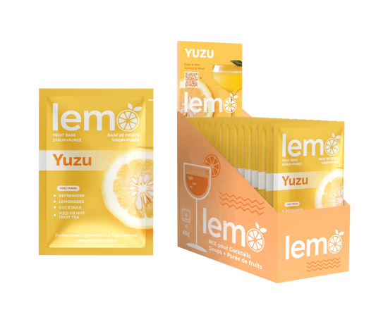 LEMO Yuzu Syrup – Box of 15 Single Serve 45ml Pouches. Natural syrup for cocktails, mocktails and lemonades. MIXOpro.Store, Montreal, Canada | Sirop LEMO Yuzu – Boîte de 15 sachets individuels de 45ml. Sirop naturel pour cocktails, mocktails et citronnades. MIXOpro.Store, Montréal, Canada